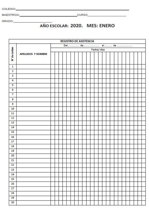 Control De Asistencia Diariamensual Primaria Gratis Asistencia A