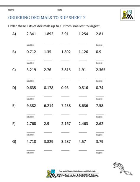 Please visit learn decimals or fractions and decimals to view our large collection of printable worksheets. Ordering Decimals to 3dp