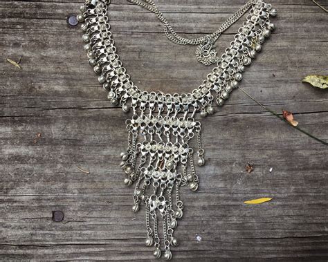 Vintage Belly Dancer Necklace With Bells Boho Jewelry Silver Tone Metal
