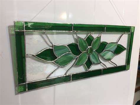 Stained Glass Transom Window Hanging Panel Green Leaves Etsy