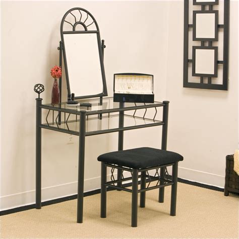 Wrought Iron Frosted Black Makeup Vanity Table Set With Mirror In Black Velour 2438