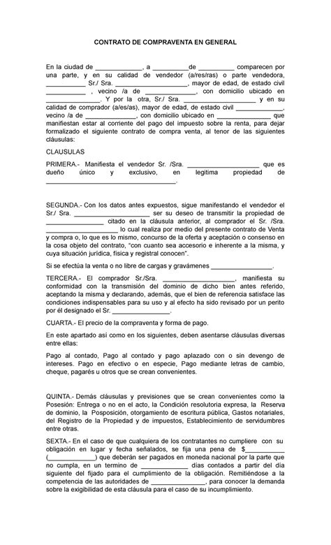 Contrato De Compraventa En General Contrato De Compraventa En General