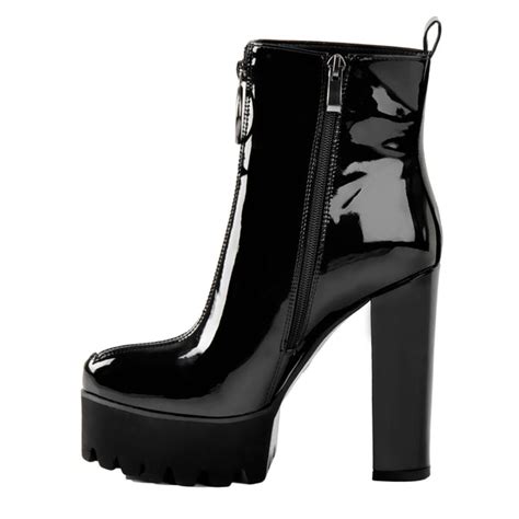 Round Toe Black Patent Leather Platform Chunky High Heel Ankle Boots Onlymaker