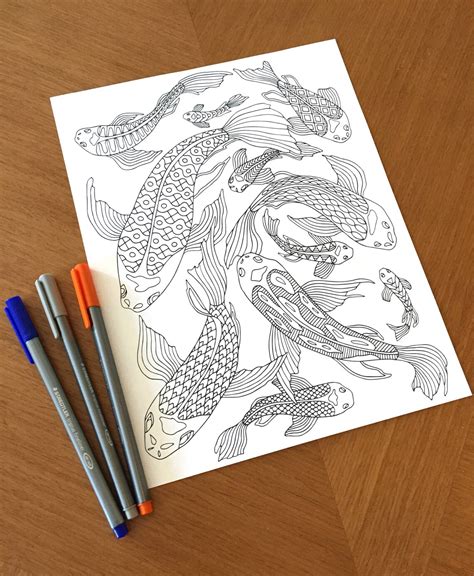 Koi Fish PDF Zentangle Coloring Page Therapy Coloring Etsy