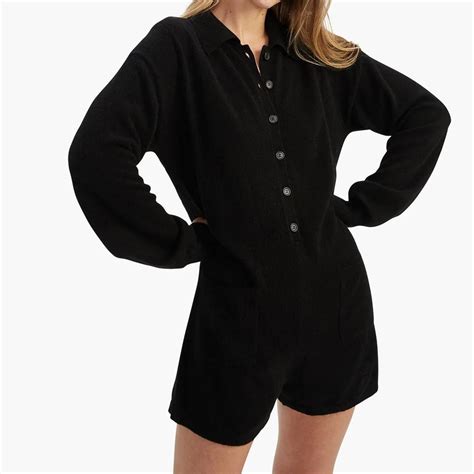 Pure Cashmere Finest Knitted Ribbed Black Henley Polo Neck Romper