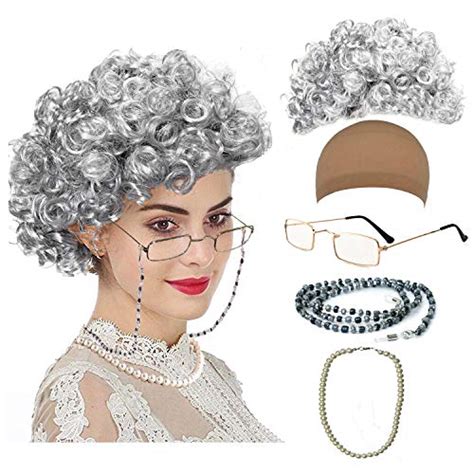 old lady cosplay set grandmother wig wig cap madea granny glasses eyeglass chains cords