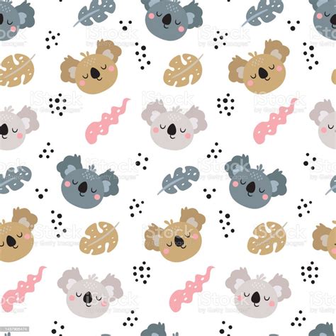 Seamless Cute Vector Floral Tropical Pattern With Koalas Leaves Plants