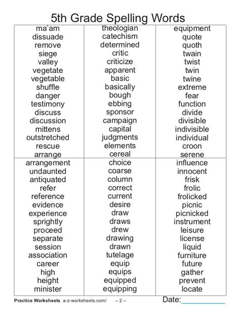 Fifth Grade Spelling Words Worksheets