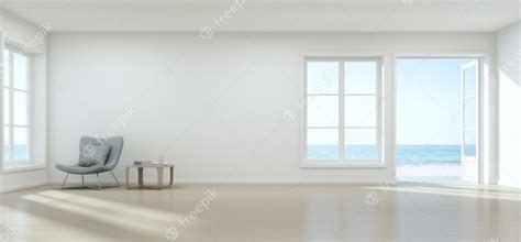 Sea View Living Room With Empty Wall In Modern Beach House