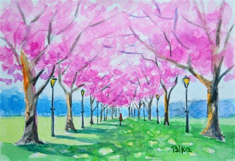 Cherry Blossom Original Watercolour Painting Spring Landscape Etsy In