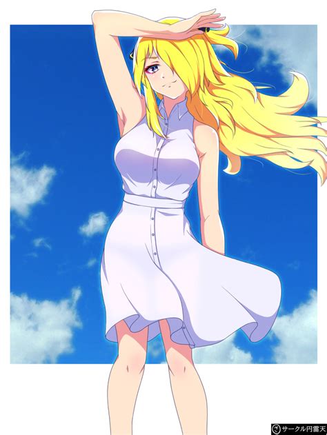 safebooru 1girl alternate costume arm over head arm up armpits blonde hair blue sky breasts