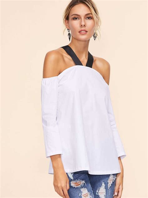 Contrast Strap Cold Shoulder Top Sheinsheinside