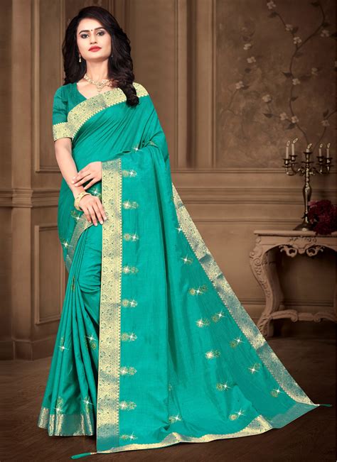 Buy Teal Embroidered Silk Classic Saree Online