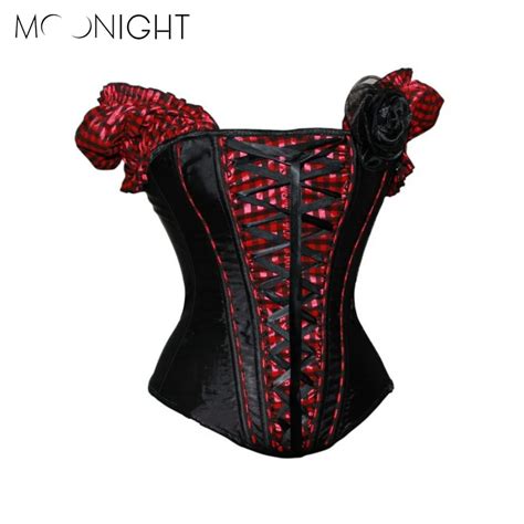 MOONIGHT Women Black Red Corsage Short Cuffs Overbust Corset Lace Up