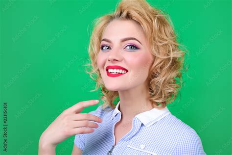 Beautiful Model Girl With Short Curly Hair Red Lips Smiling Girl With