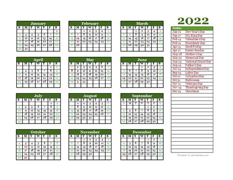 Editable 2022 Yearly Calendar Landscape Free Printable Templates