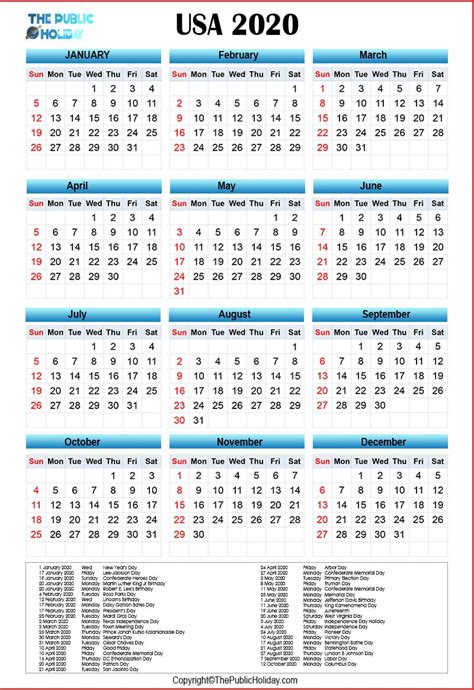 Us Holidays 2020 Calendar Public National Federal Bank