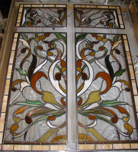 Art Nouveau Style Leaded Stained Glass Pocket Door Panels