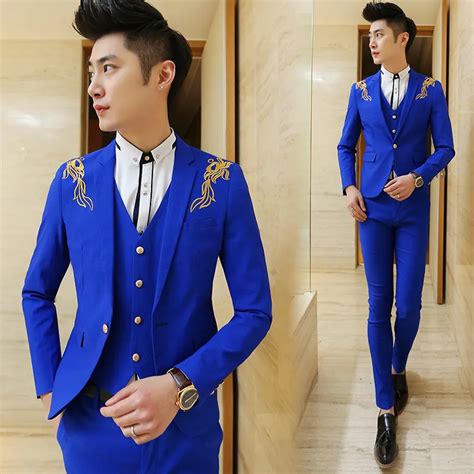 2017 new design royal blue classic men s suit prom party blazer 3 piece embroidery slim fit