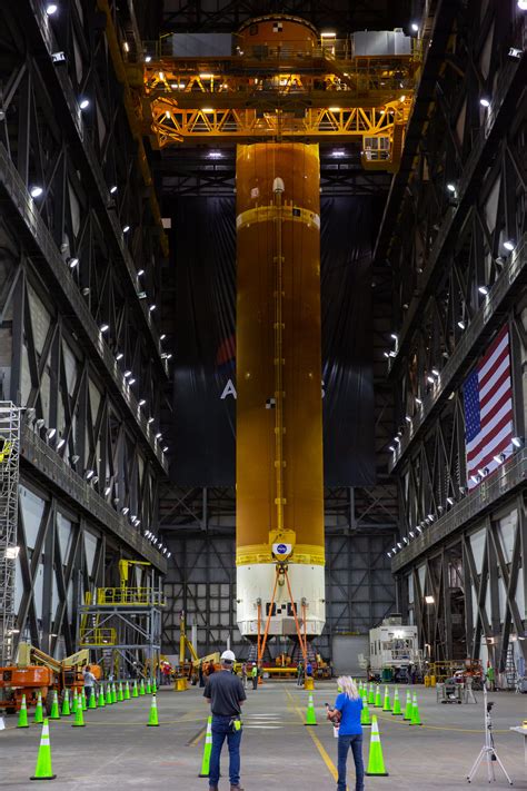 Nasas 1st Sls Core Stage Lifted Vertical And Stacked Between Twin