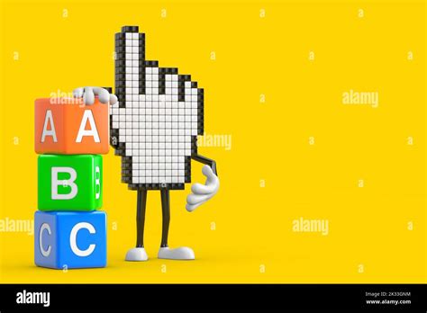 pixel hand cursor mascot personaje de la persona con alfabetos abc education cubes sobre fondo