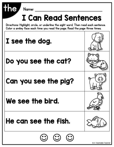 Sight Word Sentences Worksheets For Kindergarten Printable