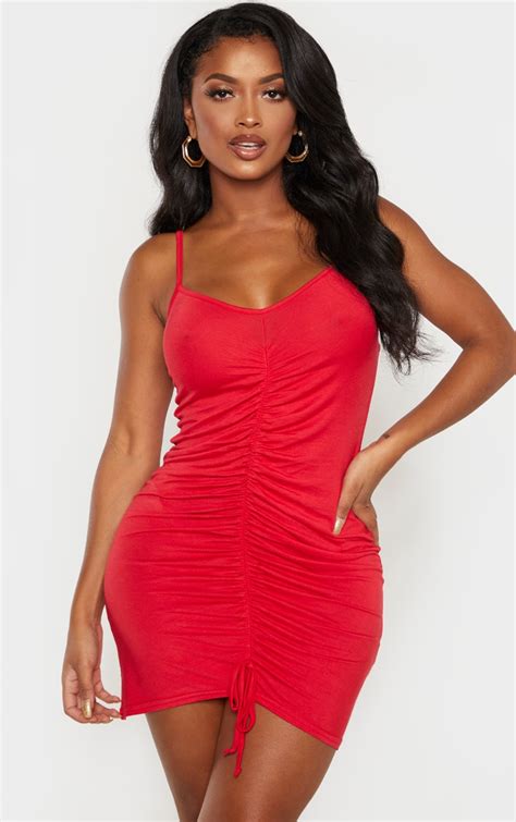 Shape Red Jersey Ruched Bodycon Dress Prettylittlething Ie