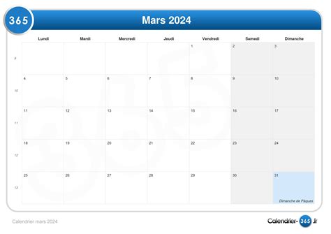 Calendrier Mars 2024