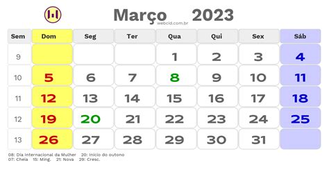 Calendário De Março De 2023 Com Feriados Nacionais Fases Da Lua E Datas