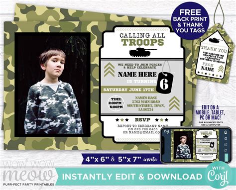 Army Invitations Photo Party Troops Invite Birthday Download Sergeant