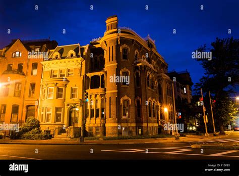 Historic Row Houses At Logan Circle At Night In Washington Dc Stock