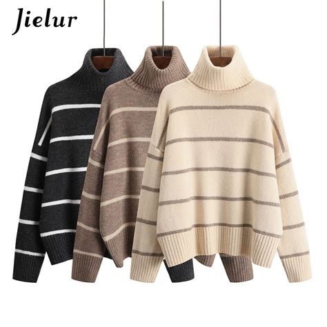 Jielur Knitted Sweater Women Turtleneck Striped Warm Kpop Sweaters