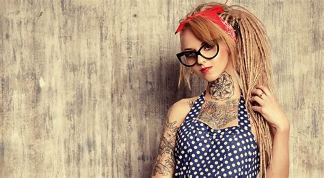 Wallpaper Model Women With Glasses Sunglasses Red Dress Tattoo