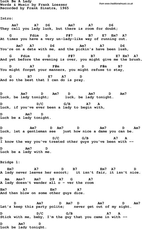 Song Lyrics With Guitar Chords For Luck Be A Lady Frank Sinatra 1965