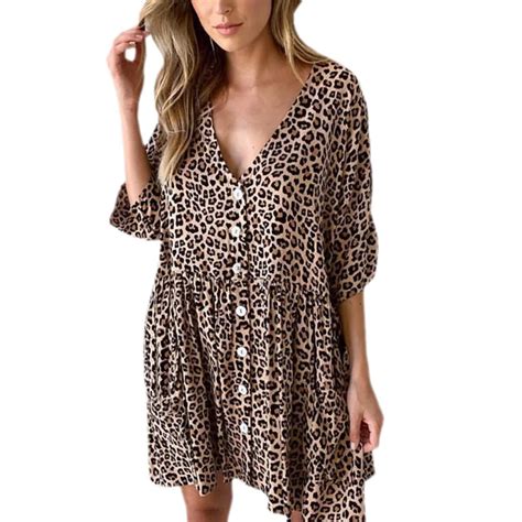 Women Leopard Print Dress Deep V Neck Shirts Dress Summer Half Sleeve