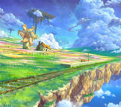 Anime Landscape Nature Sky Flower Cloud Windmill Train Station