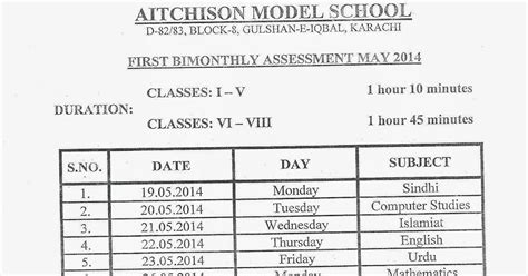 Ams First Bimonthly Assessment May 2014 Class 1 To 8 Date Sheet