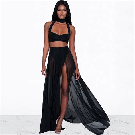 women s sexy chiffon mesh two piece set beach wear solid halter crop top and perspective elastic