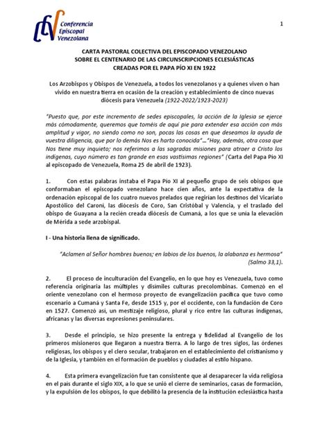 Carta Pastoral Colectiva Del Episcopado Venezolano Sobre El Centenario