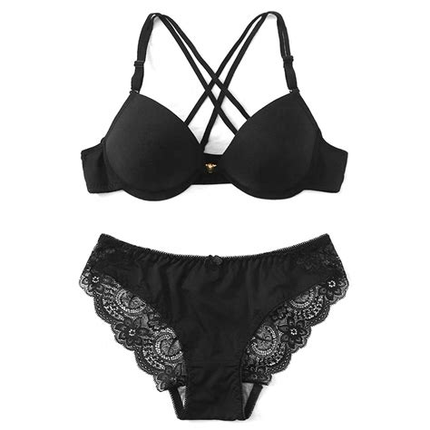 Sexy Woman 2 Piece Set Solid Black Lace Sheer Crossed Straps Back Sexy Bra Panty Womens Sexy