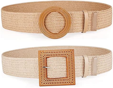 Women Belts For Dresses Elastic Straw Rattan Waist Band With Wood