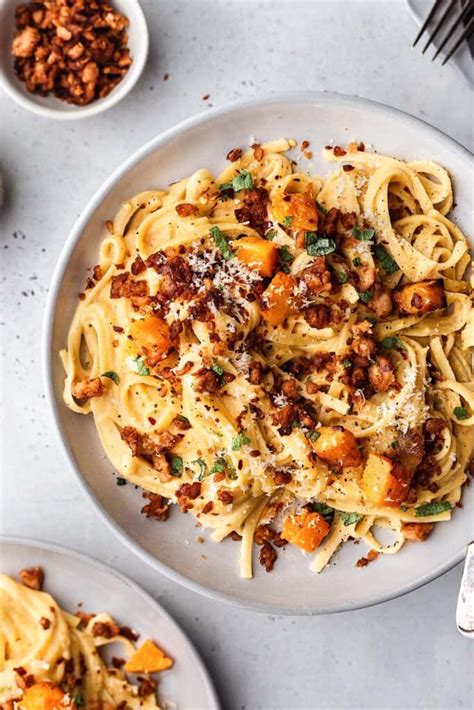 Creamy Butternut Squash Pasta With Sausage Crumbles Cupful Of Kale