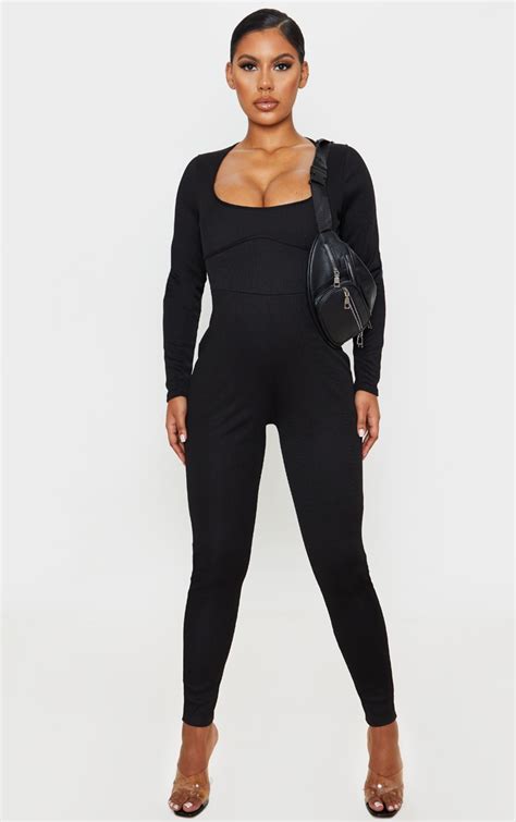 Black Long Sleeve Ribbed Piping Detail Jumpsuit Prettylittlething