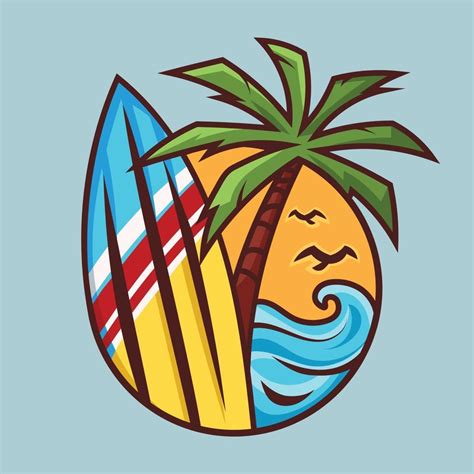 Surfboard With Palm Tree Surfing Concept Art In Cartoon Style 3134805
