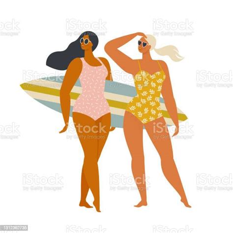 Ilustración De Dos Chicas Surferas Felices Caminando Con Tablas En La