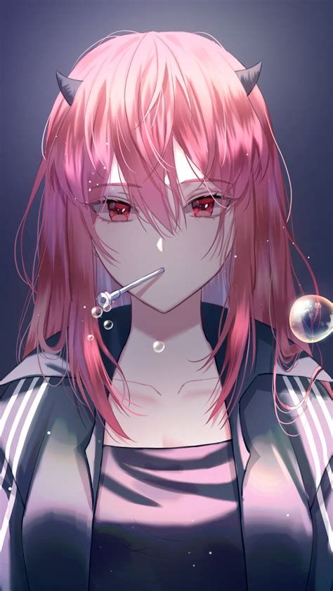 Download 1080x1920 Pink Hair Anime Girl Horns Bubbles Jacket