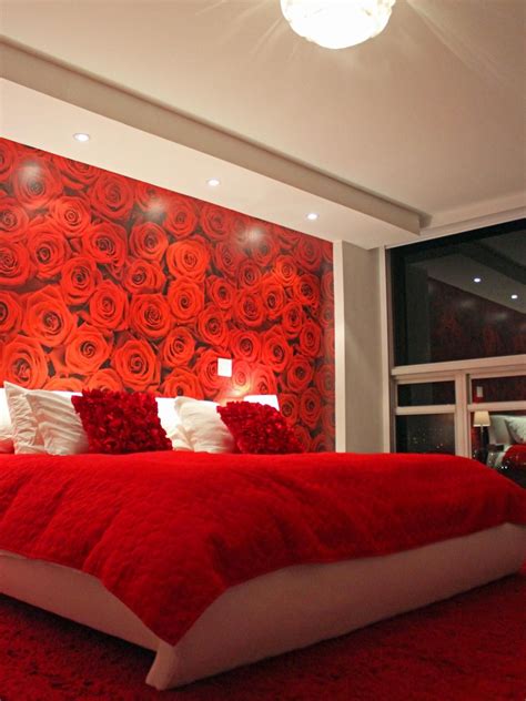Contemporary Bedroom With Red Rose Mural And Bedding Red Bedroom