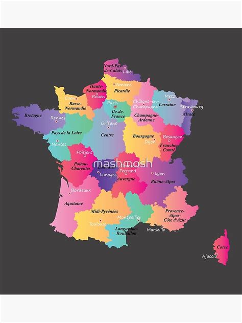 Colorful France Map With Regions And Main Cities Poster For Sale By