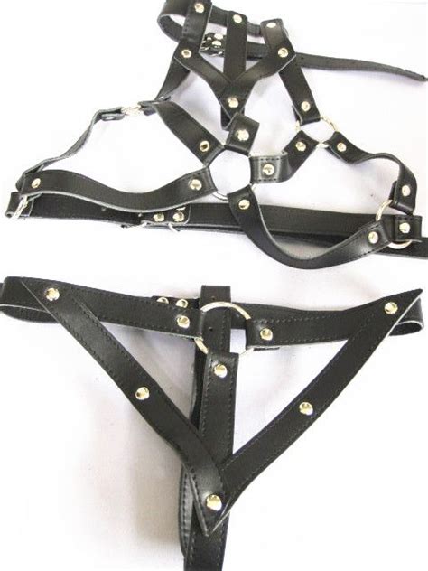 lady geniune leather bondage restraints sexy harness teddy club wear bra with collar pant