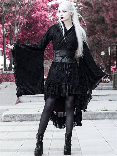 Punk Rave Black Gothic Lolita Flocking Printing Kimono Dress Edgy